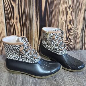 Sperry Black and Leopard Print Ankle Boots